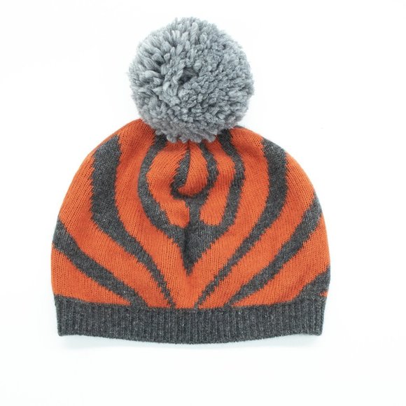 Portolano Cashmere Zebra Slouchy Hat With Pom Pom- Dark Grey, Orange - Picture 2 of 4